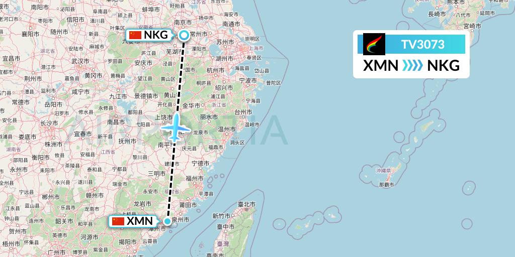 TV3073 Tibet Airlines Flight Map: Xiamen to Nanjing
