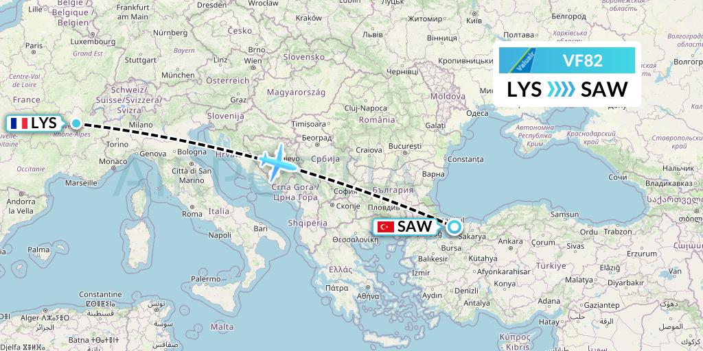 VF82 ValuAir Flight Map: Lyon to Istanbul