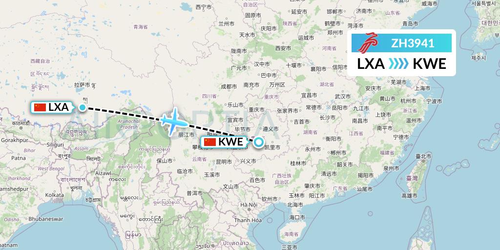ZH3941 Shenzhen Airlines Flight Map: Lhasa to Guiyang