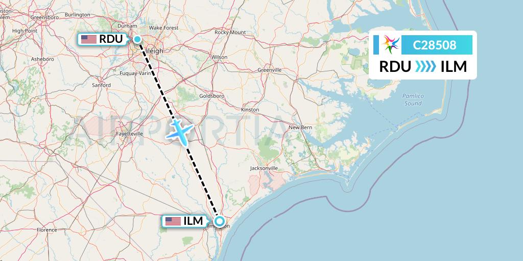 C28508 Ceiba Intercontinental Flight Map: Raleigh-Durham to Wilmington