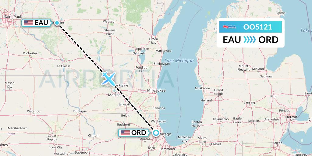 OO5121 SkyWest Airlines Flight Map: Eau Claire to Chicago