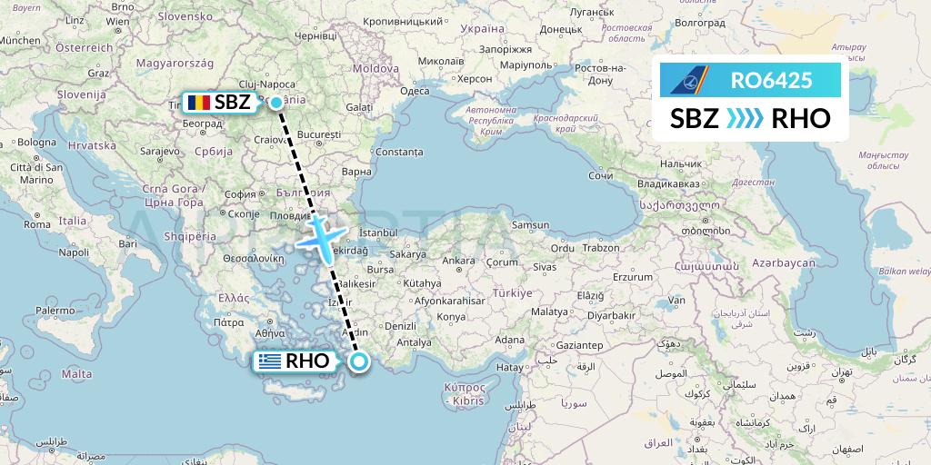 RO6425 Tarom Flight Map: Sibiu to Rhodes