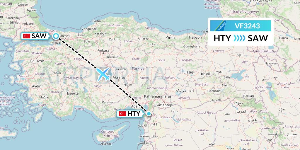 VF3243 ValuAir Flight Map: Antakya to Istanbul