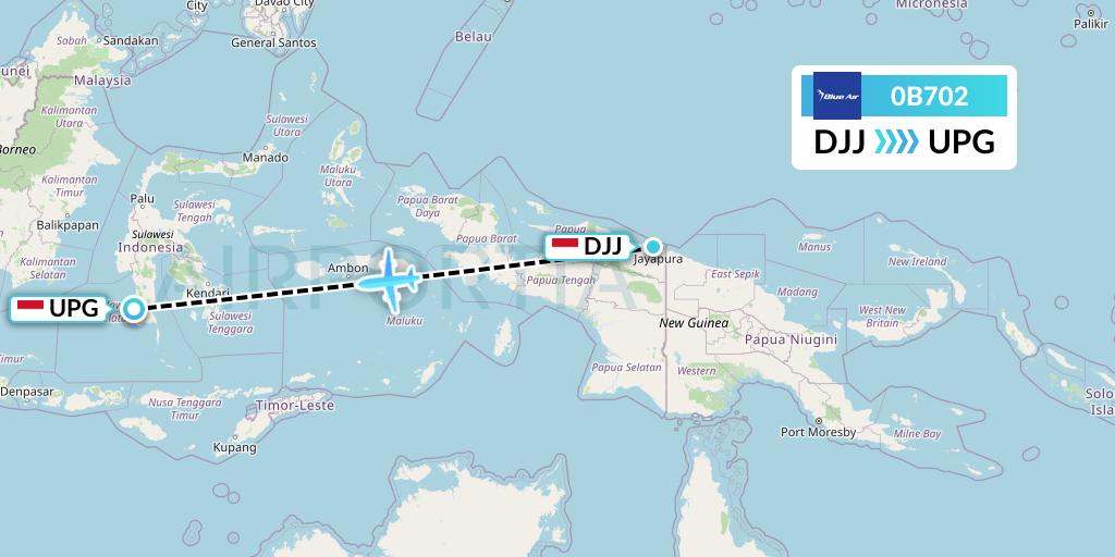 0B702 Blue Air Flight Map: Jayapura to Makassar