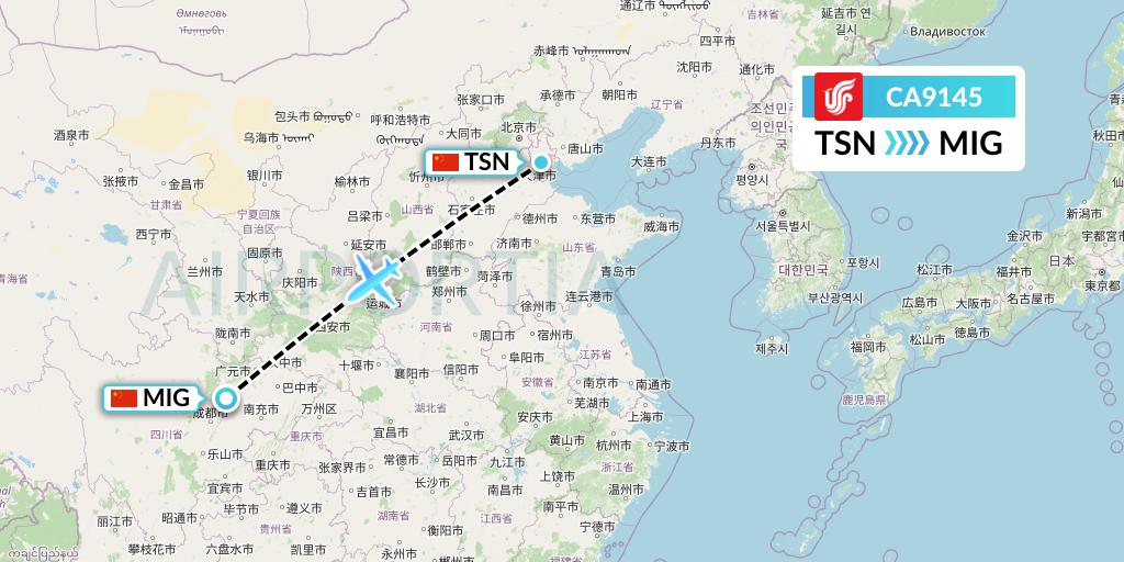 CA9145 Air China Flight Map: Tianjin to Mianyang