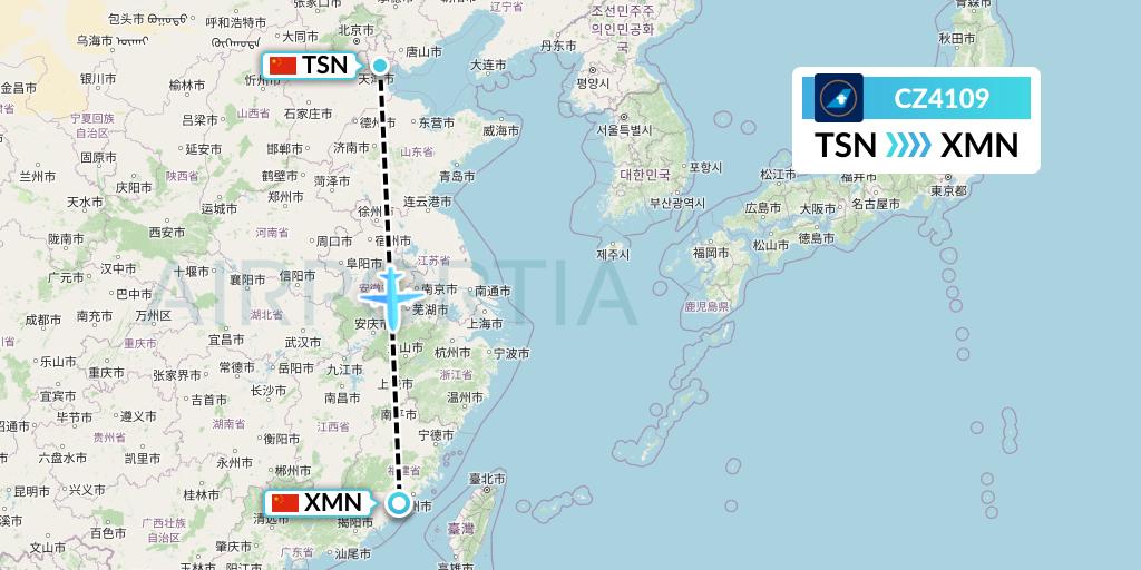 CZ4109 China Southern Airlines Flight Map: Tianjin to Xiamen
