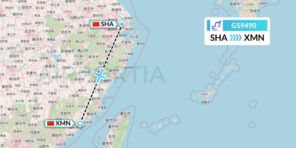 G59490 China Express Airlines Flight Map: Shanghai to Xiamen