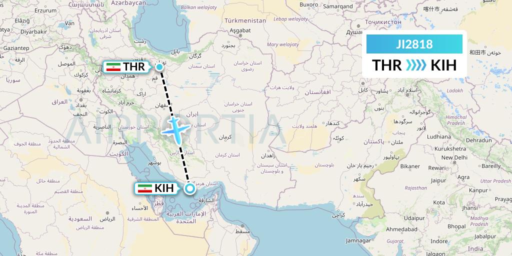 JI2818 Armenian Airlines Flight Map: Tehran to Kish Island