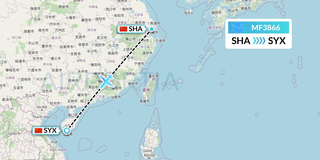 MF3866 Xiamen Airlines Flight Map: Shanghai to Sanya