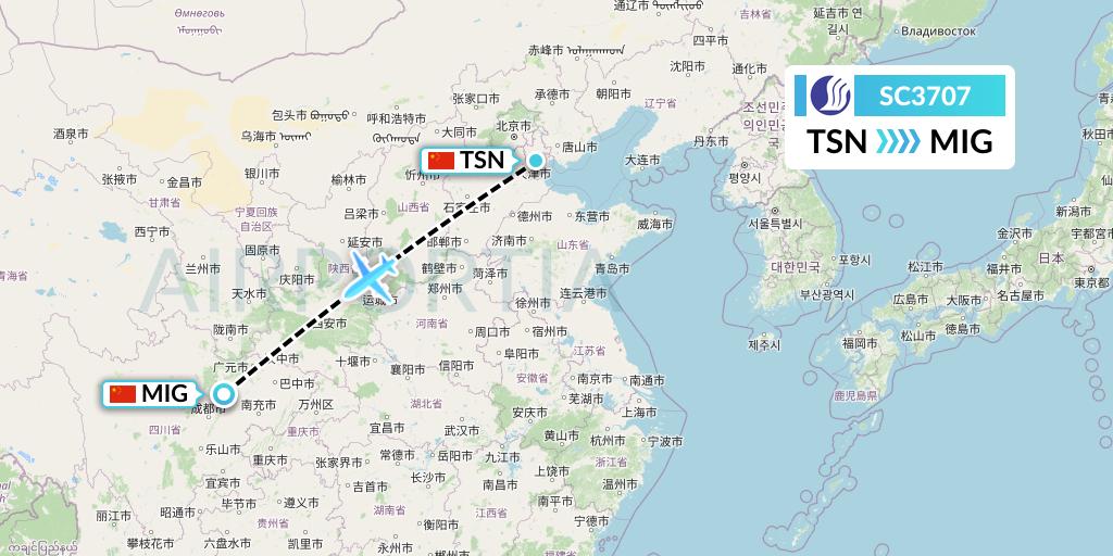 SC3707 Shandong Airlines Flight Map: Tianjin to Mianyang