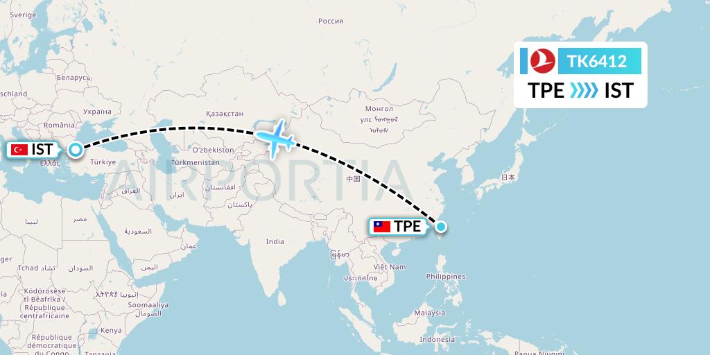 TK6412 Turkish Airlines Flight Map: Taipei to Istanbul