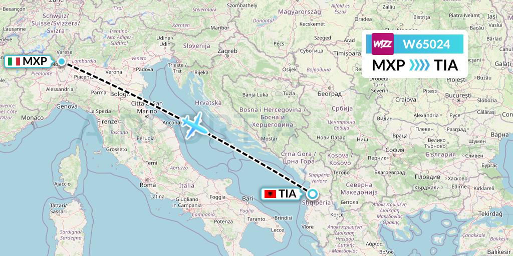 W65024 Wizz Air Flight Map: Milan to Tirana