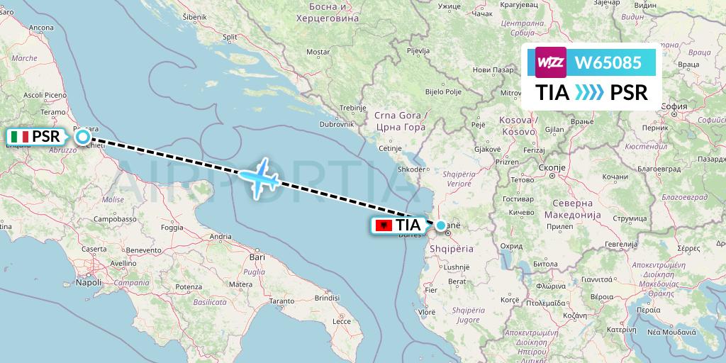 W65085 Wizz Air Flight Map: Tirana to Pescara