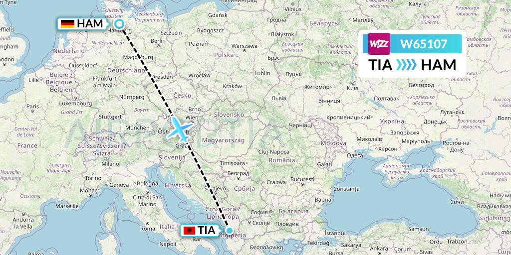 W65107 Wizz Air Flight Map: Tirana to Hamburg