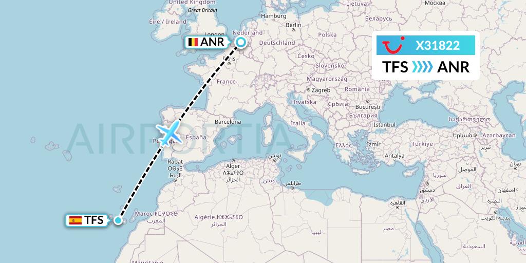 X31822 TUI fly Germany Flight Map: Tenerife to Antwerp