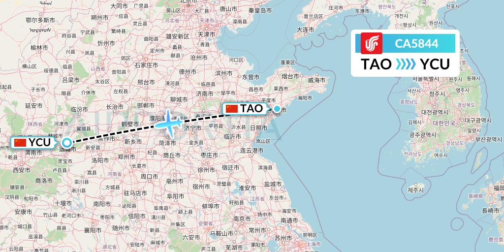 CA5844 Air China Flight Map: Qingdao to Yuncheng