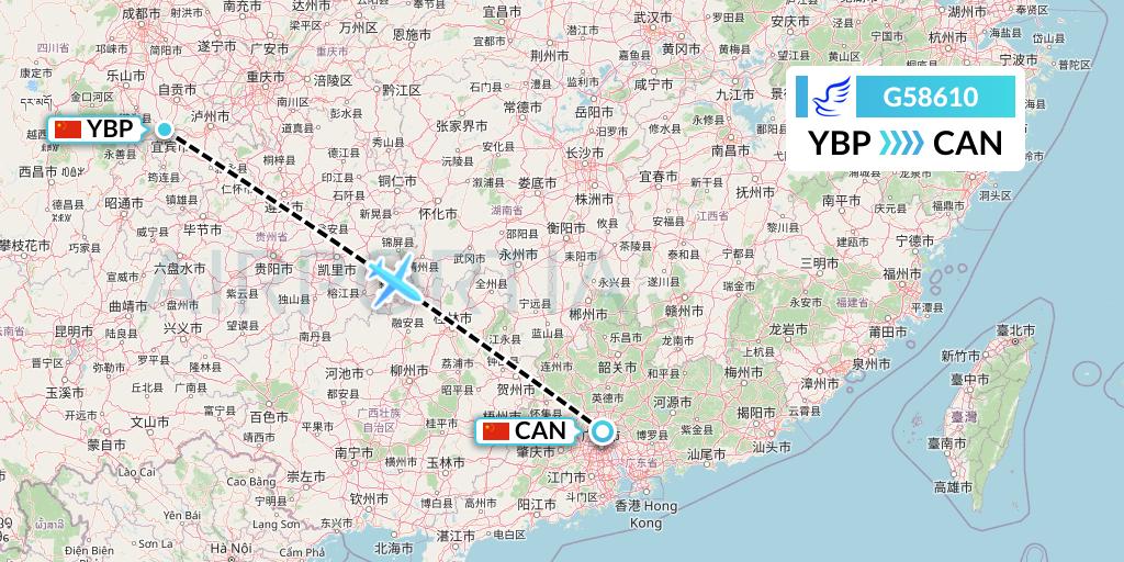 G58610 China Express Airlines Flight Map: Yibin to Guangzhou