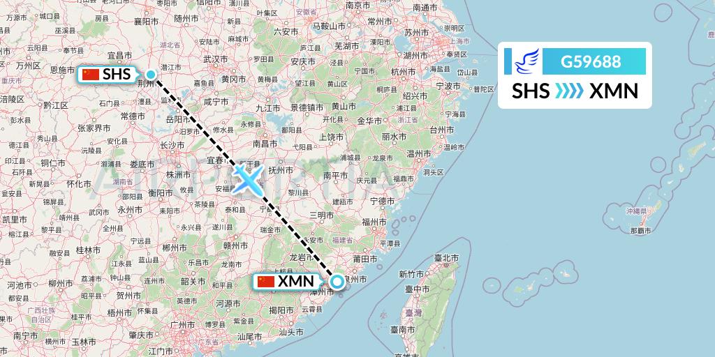 G59688 China Express Airlines Flight Map: Shashi to Xiamen