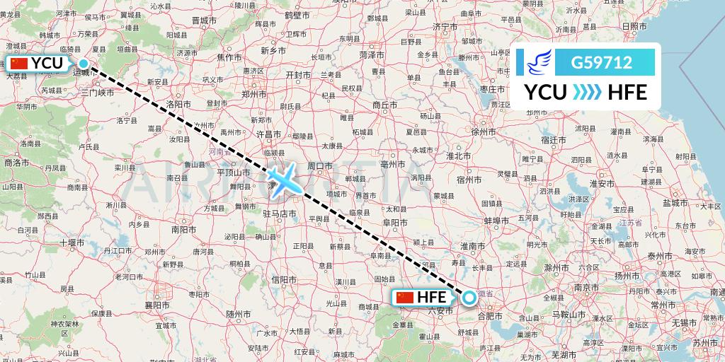 G59712 China Express Airlines Flight Map: Yuncheng to Hefei