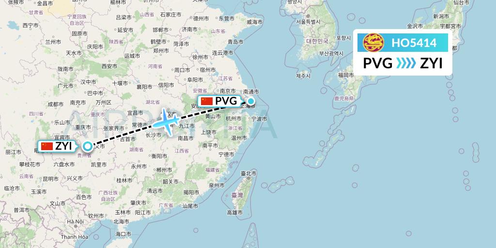 HO5414 Juneyao Airlines Flight Map: Shanghai to Zunyi