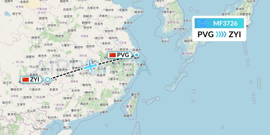 MF3726 Xiamen Airlines Flight Map: Shanghai to Zunyi