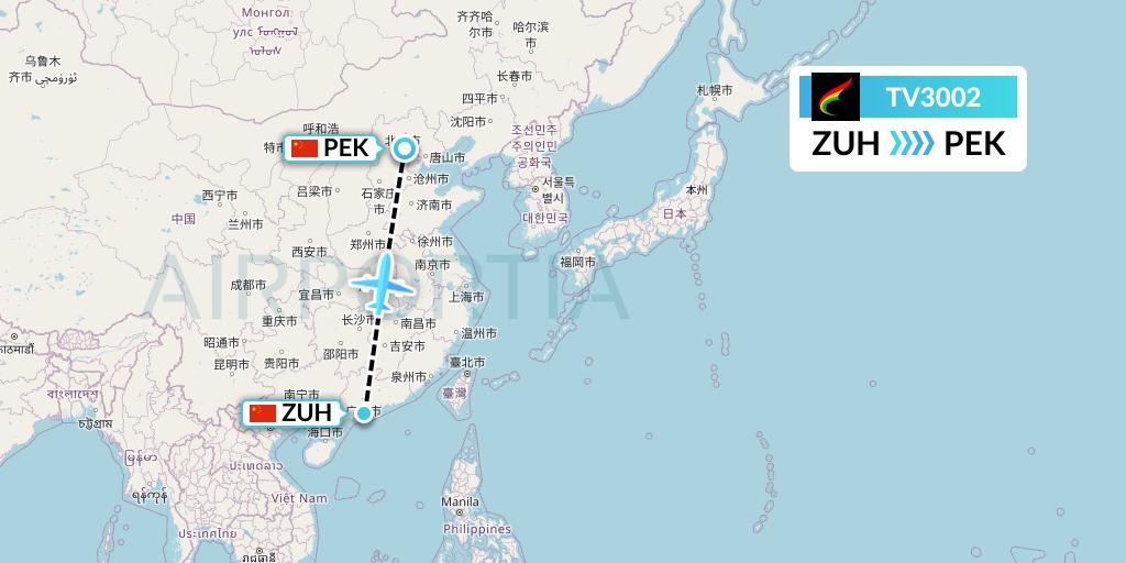 TV3002 Tibet Airlines Flight Map: Zhuhai to Beijing