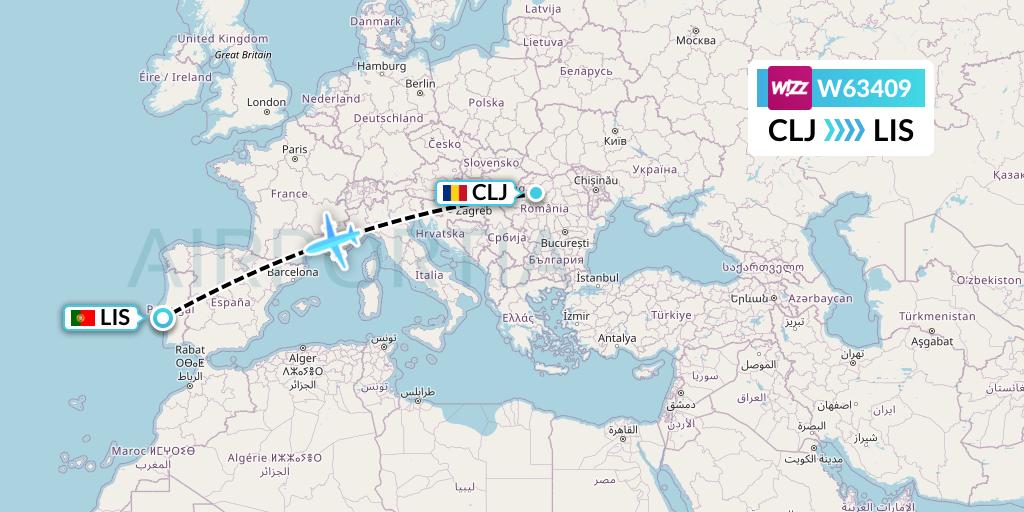 W63409 Wizz Air Flight Map: Cluj-Napoca to Lisbon