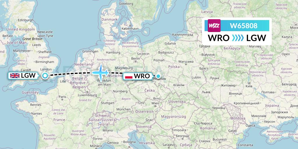 W65808 Wizz Air Flight Map: Wroclaw to London