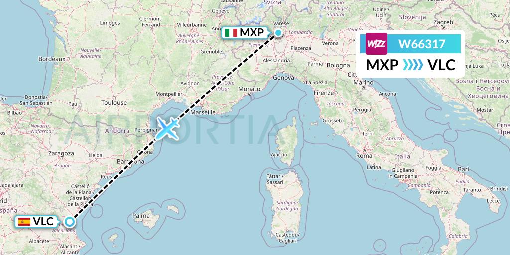 W66317 Wizz Air Flight Map: Milan to Valencia