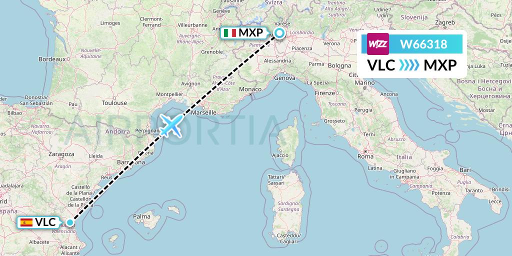 W66318 Wizz Air Flight Map: Valencia to Milan