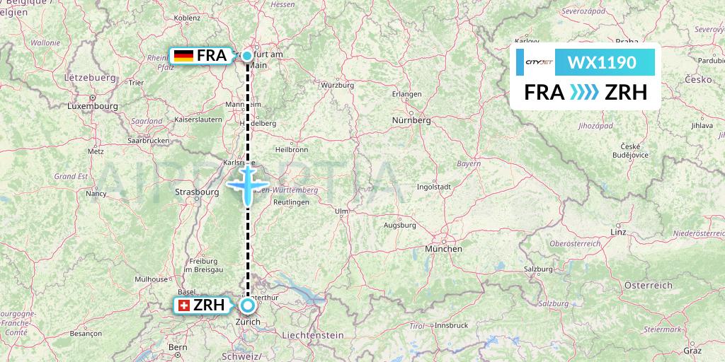 WX1190 Cityjet Flight Map: Frankfurt to Zurich