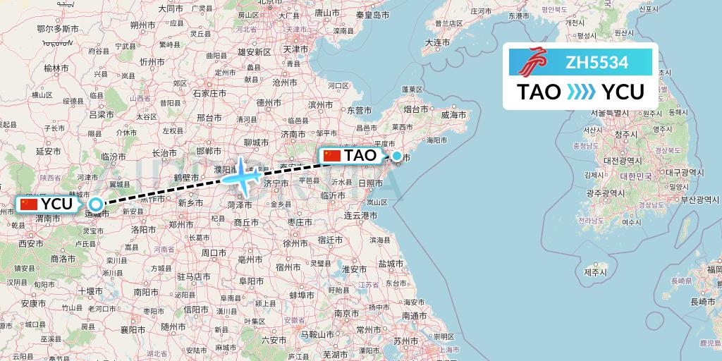 ZH5534 Shenzhen Airlines Flight Map: Qingdao to Yuncheng