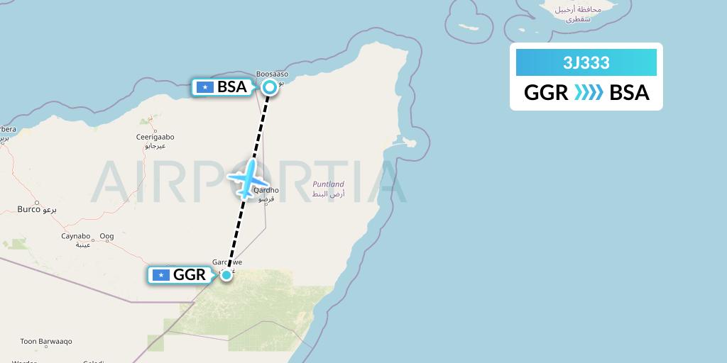 3J333 Jubba Airways Flight Map: Garoe to Bosaso