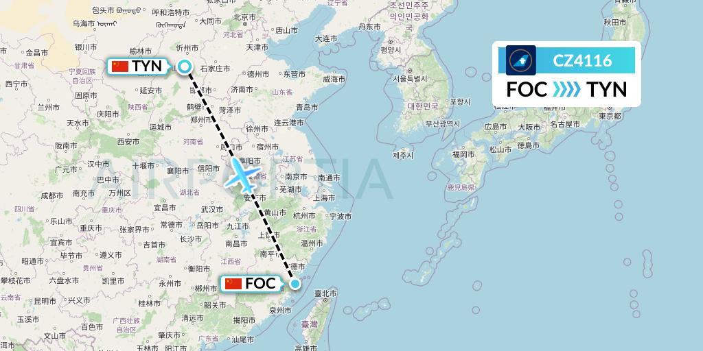 CZ4116 China Southern Airlines Flight Map: Fuzhou to Taiyuan