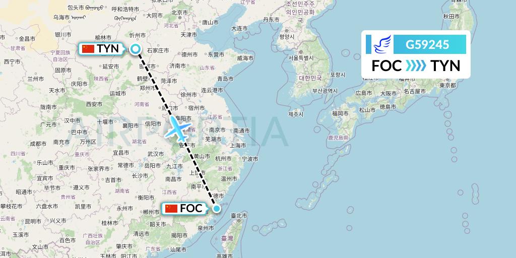 G59245 China Express Airlines Flight Map: Fuzhou to Taiyuan