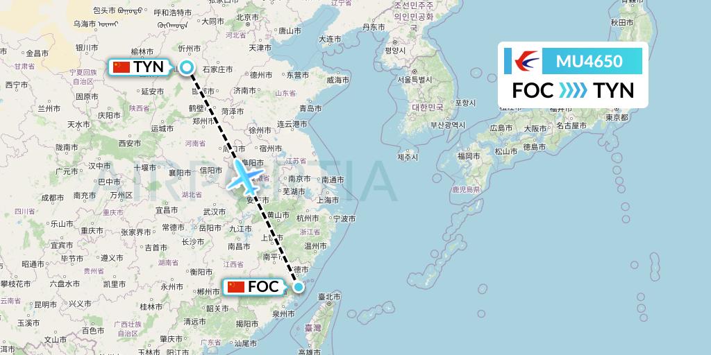 MU4650 China Eastern Airlines Flight Map: Fuzhou to Taiyuan