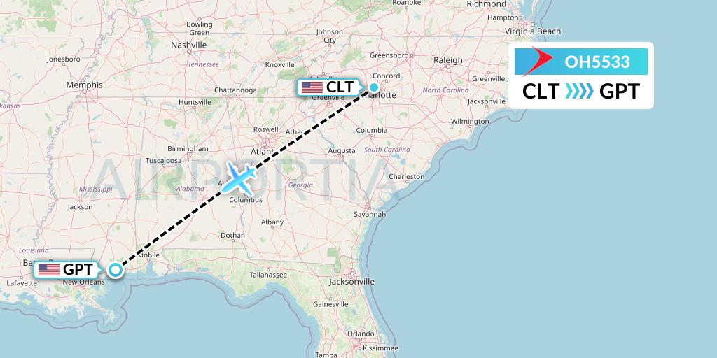OH5533 PSA Airlines Flight Map: Charlotte to Gulfport