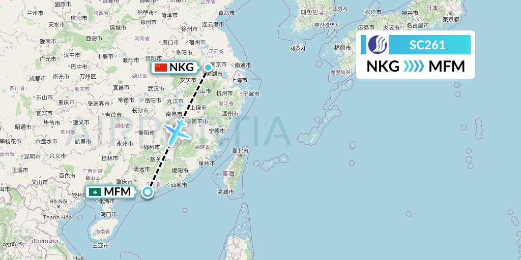 SC261 Shandong Airlines Flight Map: Nanjing to Macau