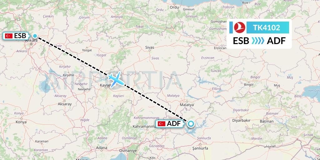 TK4102 Turkish Airlines Flight Map: Ankara to Adiyaman