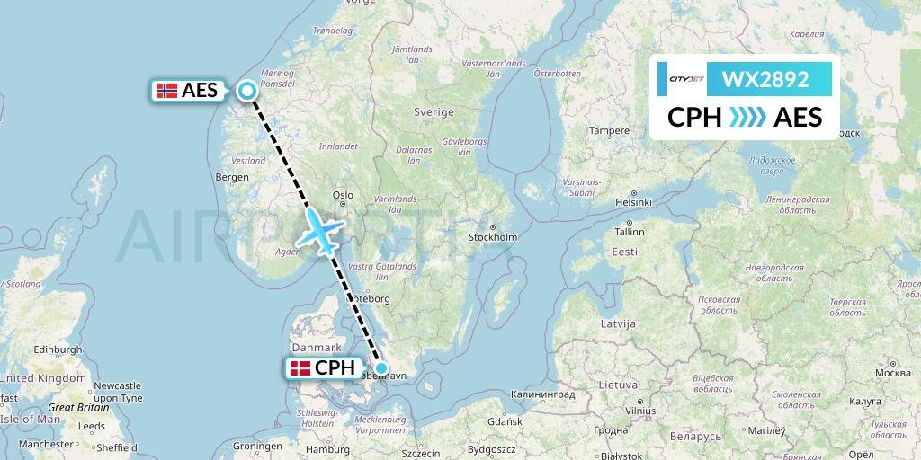 WX2892 Cityjet Flight Map: Copenhagen to Alesund