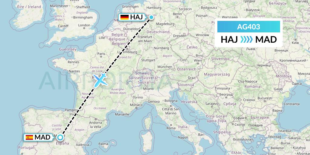 AG403 Aruba Airlines Flight Map: Hannover to Madrid