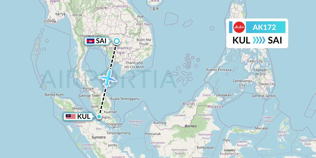 AK172 AirAsia Flight Map: Kuala Lumpur to Siem Reap