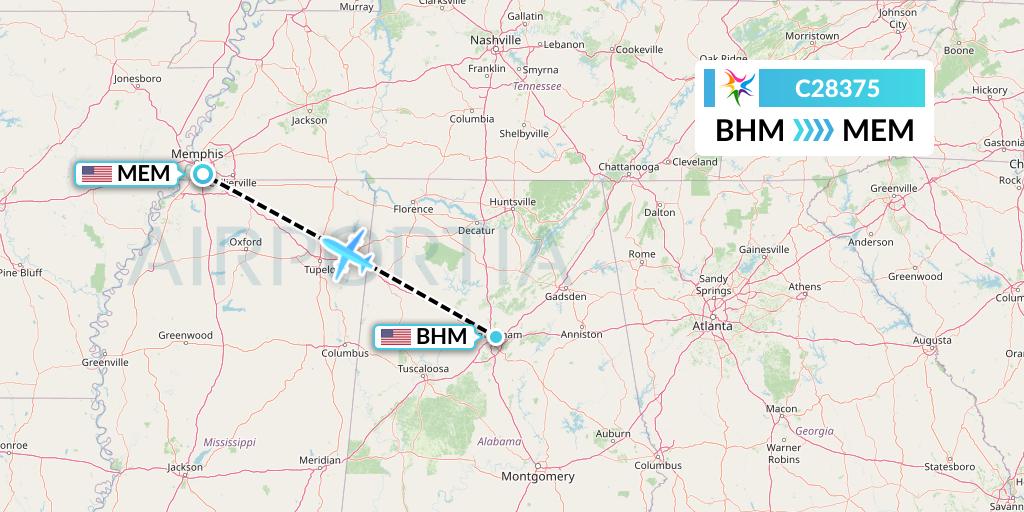 C28375 Ceiba Intercontinental Flight Map: Birmingham to Memphis