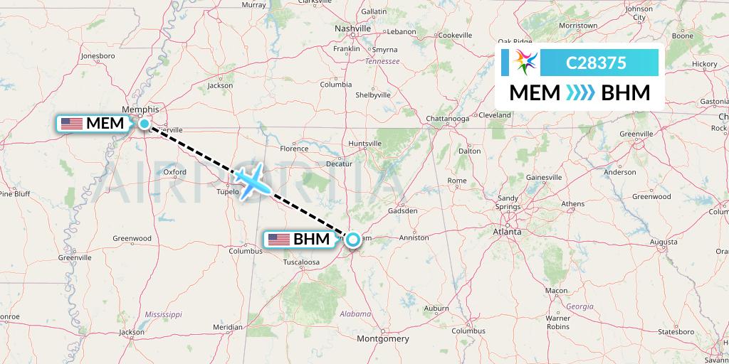 C28375 Ceiba Intercontinental Flight Map: Memphis to Birmingham