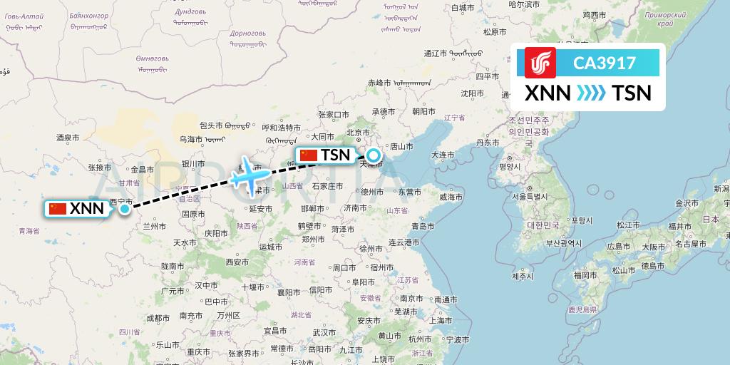 CA3917 Air China Flight Map: Xining to Tianjin