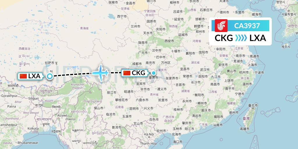 CA3937 Air China Flight Map: Chongqing to Lhasa