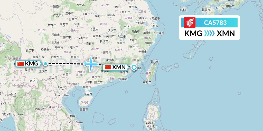 CA5783 Air China Flight Map: Kunming to Xiamen