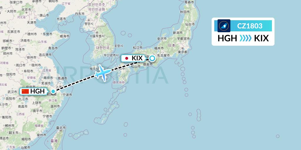 CZ1803 China Southern Airlines Flight Map: Hangzhou to Osaka