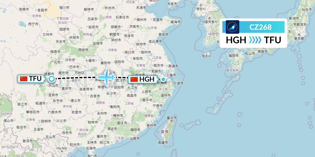 CZ268 China Southern Airlines Flight Map: Hangzhou to Chengdu
