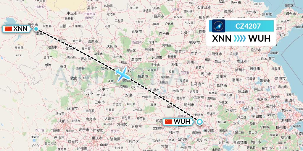 CZ4207 China Southern Airlines Flight Map: Xining to Wuhan